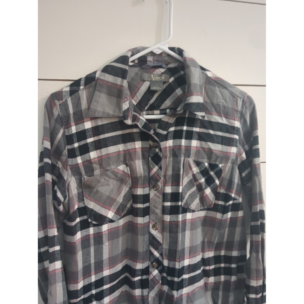 Natural reflections women's black pink gray flannel shirt S cozy winter